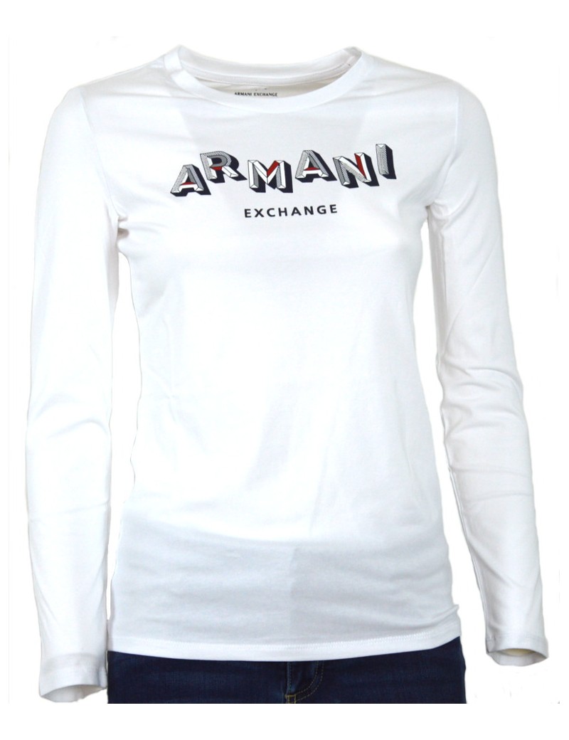 Maglietta manica lunga cotone sportiva armani exchange donna bianca