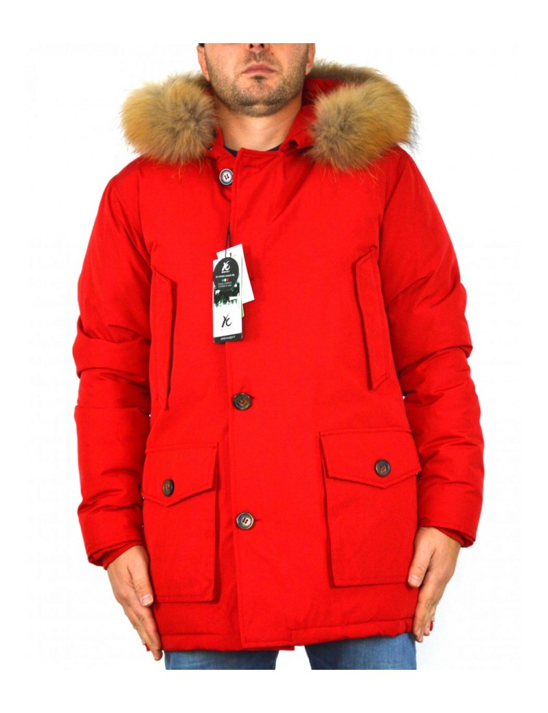 Parka uomo piumino lungo con tasconi rosso con cappuccio