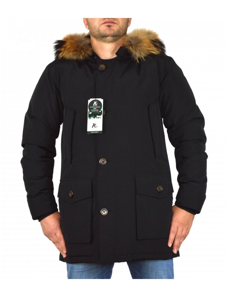 Parka uomo piumino lungo con tasconi nero con cappuccio