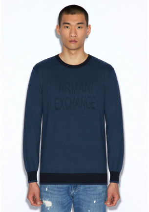 maglia uomo cotone armani exchange blu con contrasto blu scuro